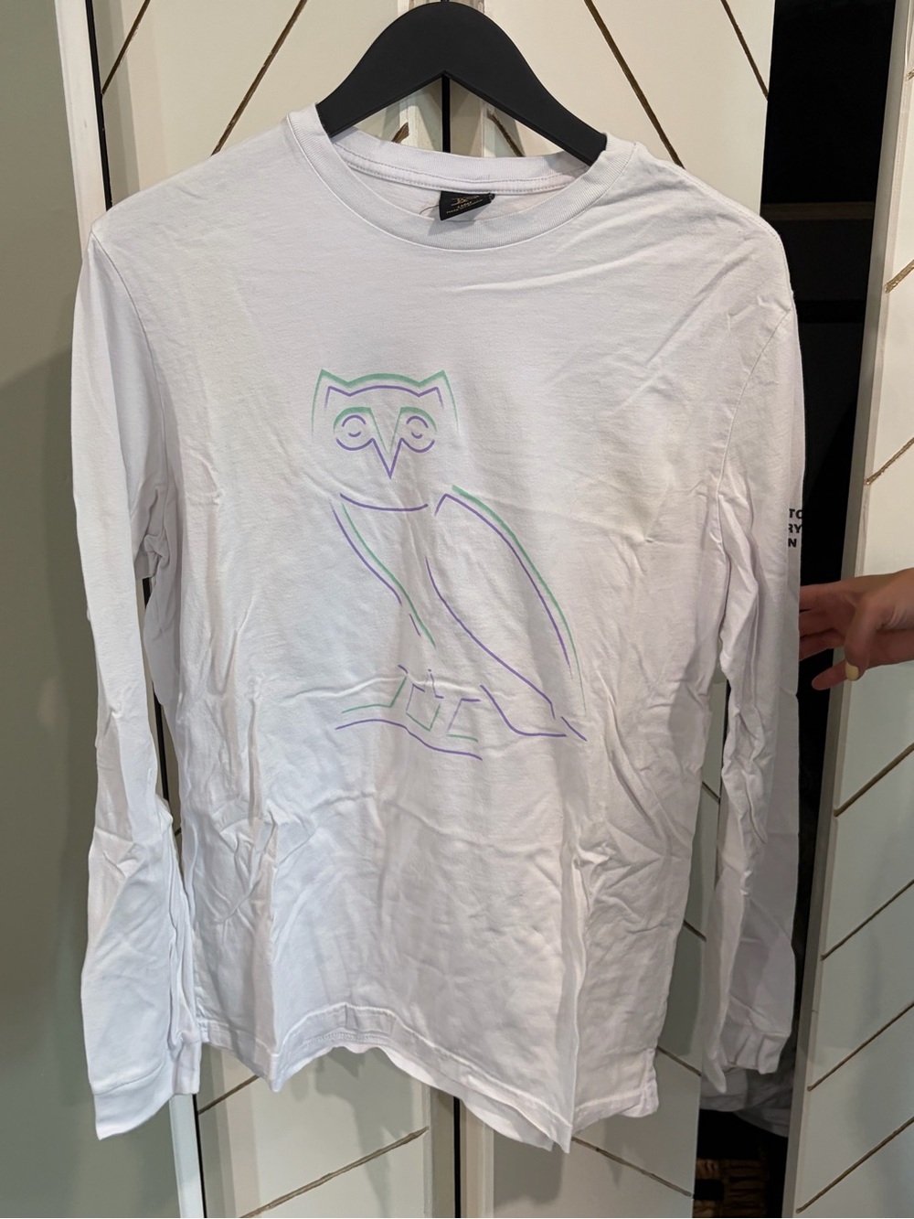 OVO White Long-Sleeve Tee with Pastel Owl Outline